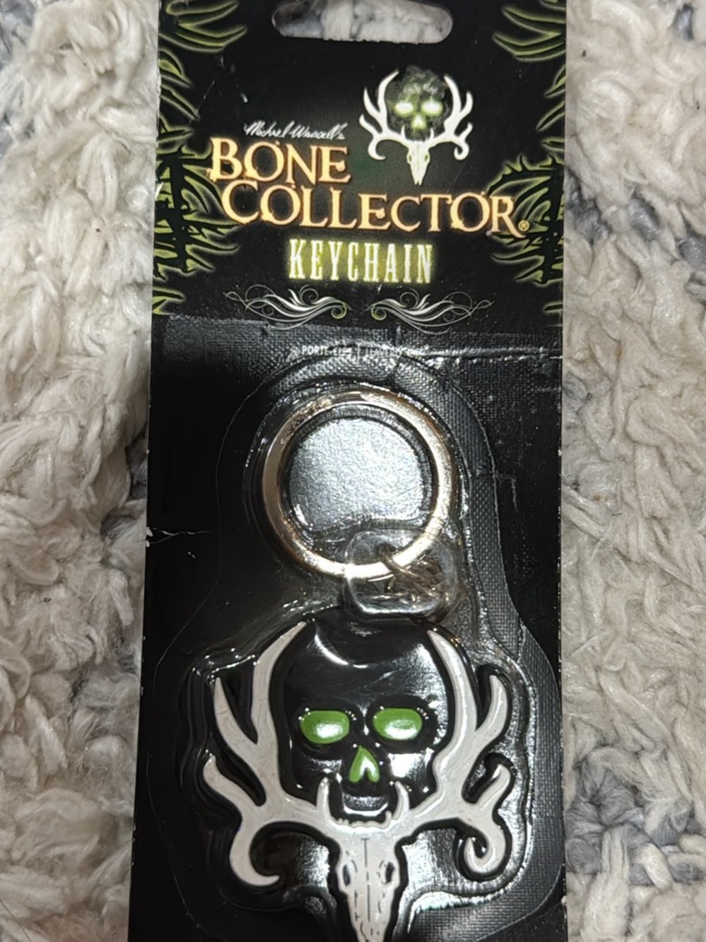 Bone Collector Hunting Skull Antler Keychain - Black with Green Accents